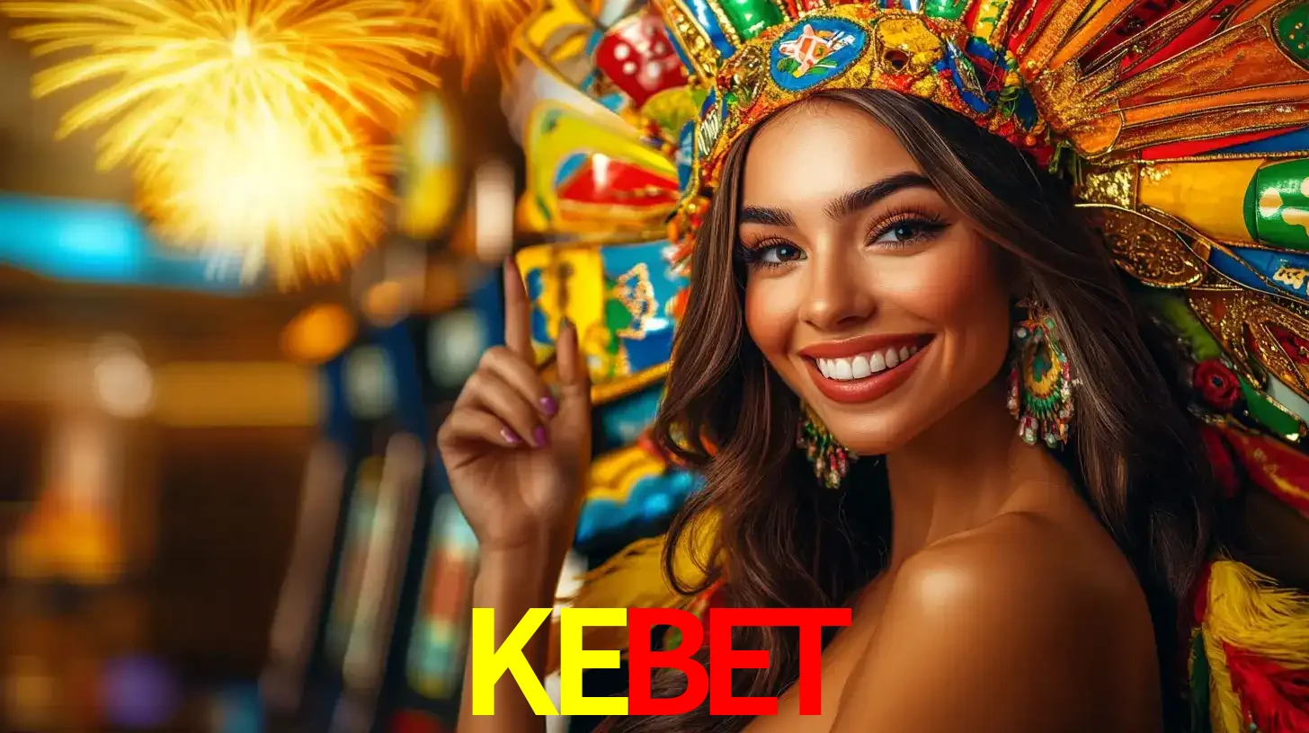 Mulher sorridente com um cocar de carnaval vibrante e colorido, celebrando uma grande vitória nos jogos do cassino KEBET com fogos de artifício ao fundo.