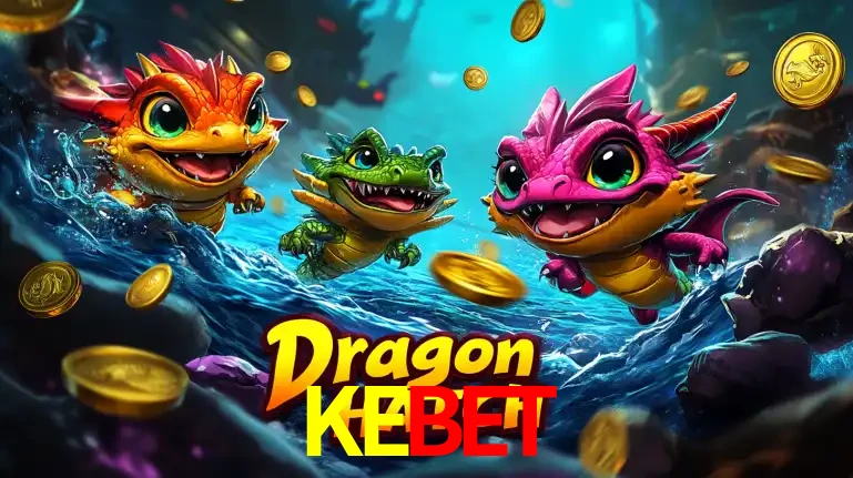 Arte promocional do jogo Dragon Hatch com três adoráveis dragões bebês nadando entre moedas de ouro, um dos slots mais divertidos para jogar no cassino KEBET.