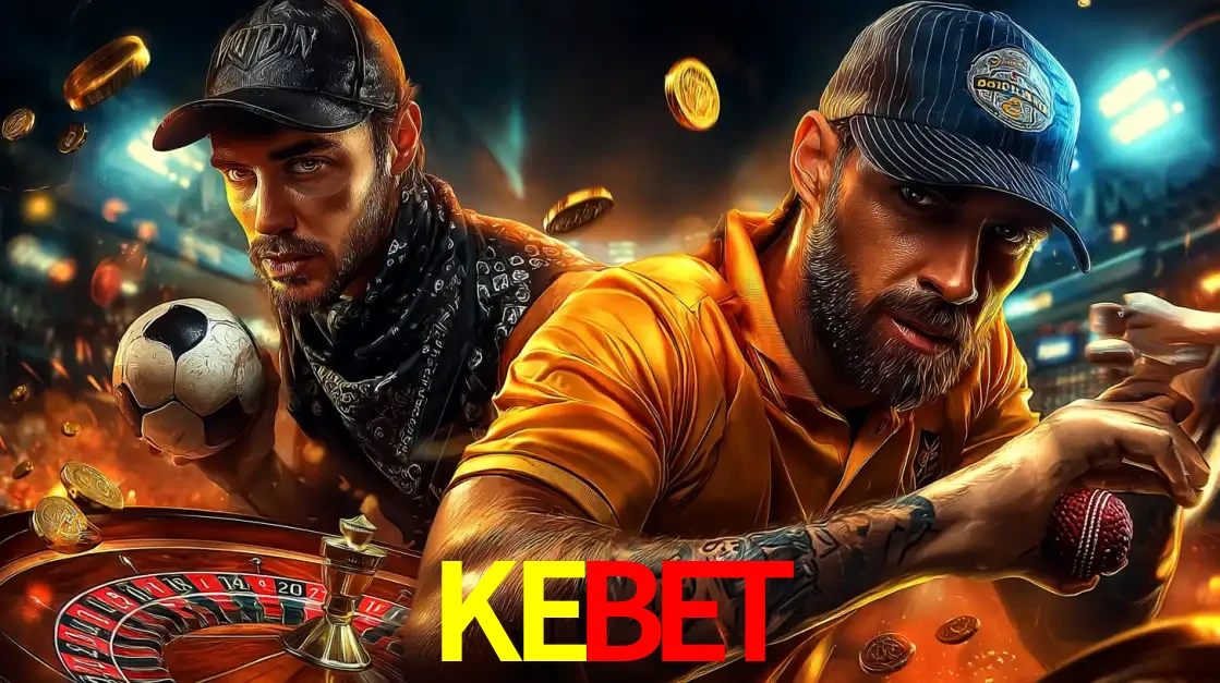 Montagem de apostas esportivas e cassino no KEBET, com um homem segurando uma bola de futebol e outro uma de beisebol sobre uma roleta e moedas voadoras.