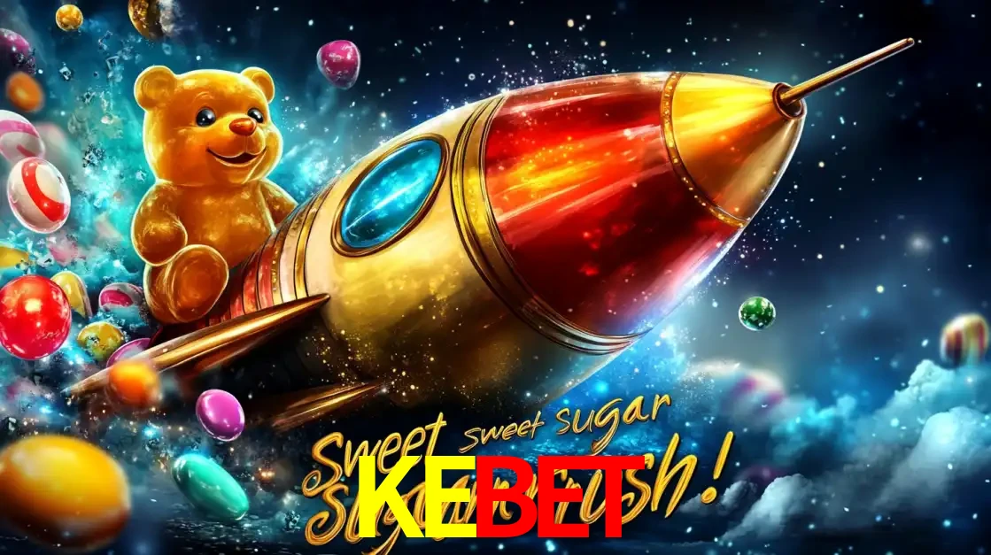 Arte promocional do jogo de slot Sugar Rush, com um urso de pelúcia em um foguete viajando pelo espaço de doces, um dos jogos divertidos disponíveis no cassino KEBET.