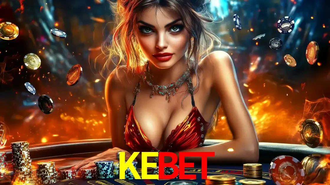 Mulher em uma mesa de cassino com pilhas de fichas e um fundo de fogo, pronta para uma rodada de altas apostas nos jogos de mesa emocionantes do cassino KEBET.