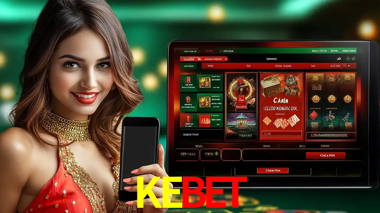 Mulher sorridente segurando um smartphone, ao lado de uma tela exibindo o lobby de jogos do cassino online KEBET, com várias opções de jogos de cartas e slots.